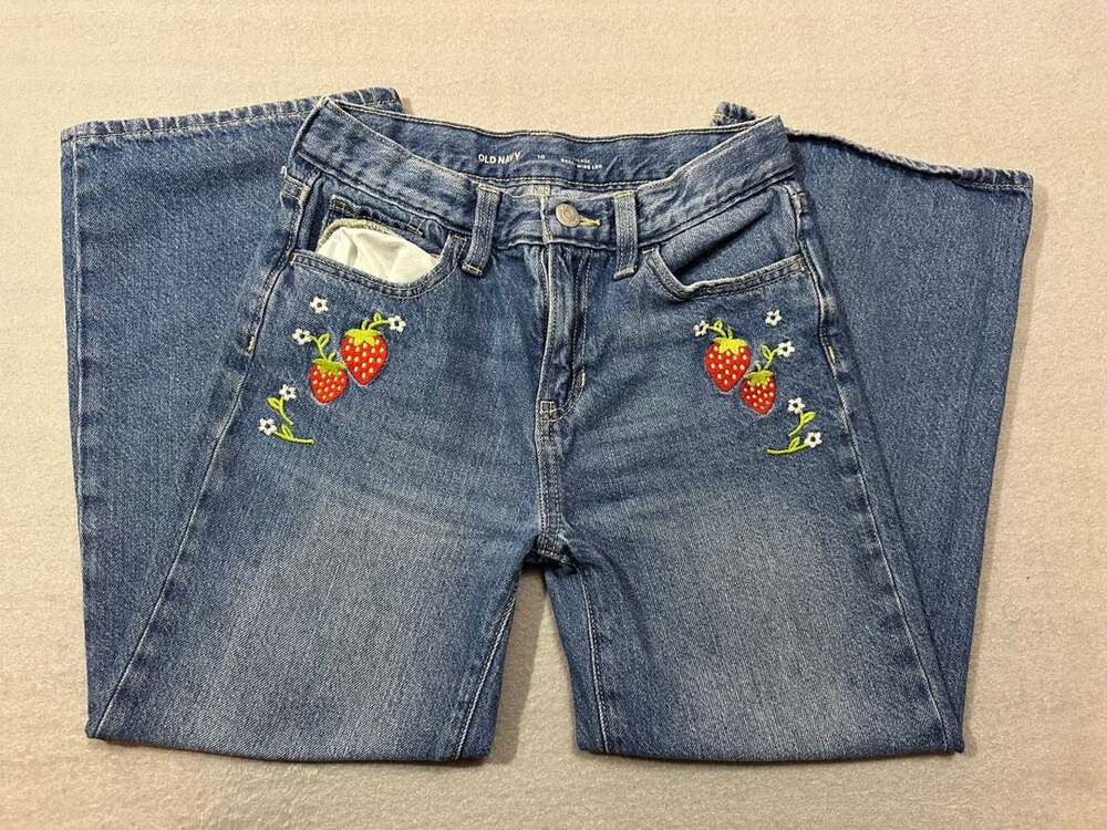 Old Navy High-Rise Baggy Wide-Leg Strawberry Embroidered Jeans for Girls size 10